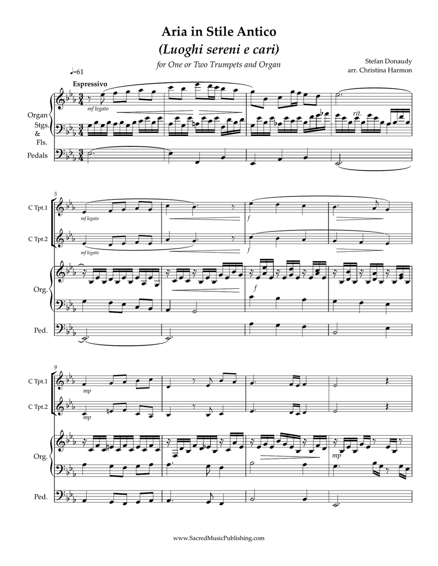 Donaudy Aria in Stile Antico (Luoghi sereni e cari) for One or Two Trumpets and Organ Trumpet Duet scores gallery preview page 2
