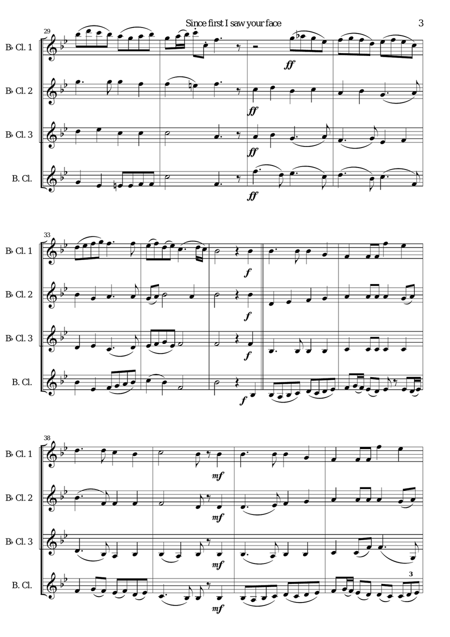 Since first I saw your face (with variations) for clarinet quartet (3 b-flats and 1 bass) Clarinet Quartet scores gallery preview page 3