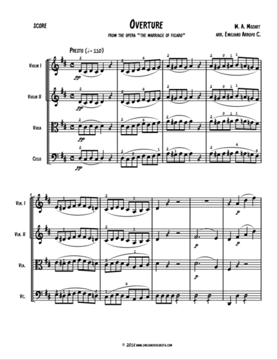Overture from the Opera The Marriage of Figaro by W. A. Mozart for string quartet String Quartet scores gallery preview page 2