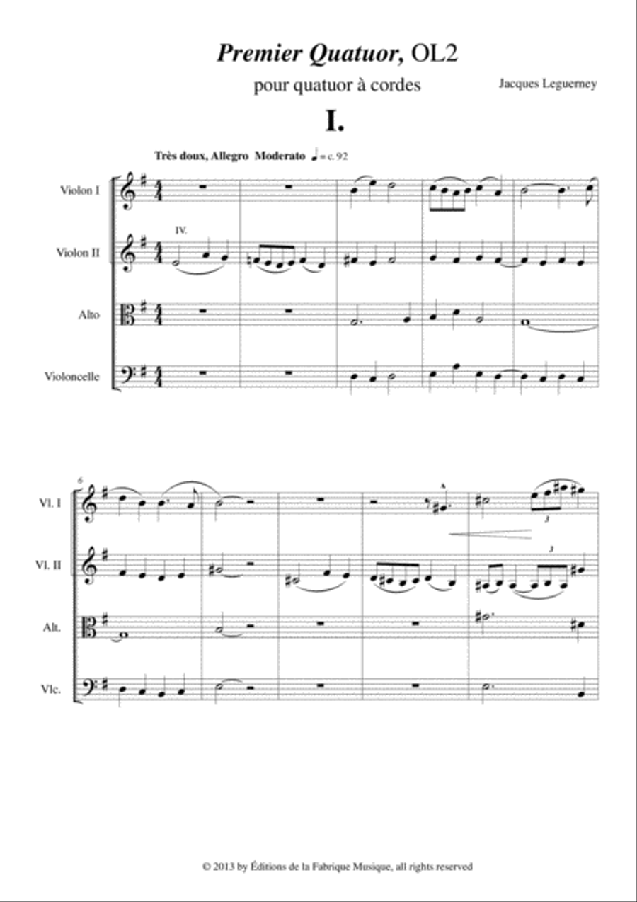 Jacques Leguerney: Premier Quatuor à Cordes (First String Quartet) for two violins, viola and cella String Quartet scores gallery preview page 2