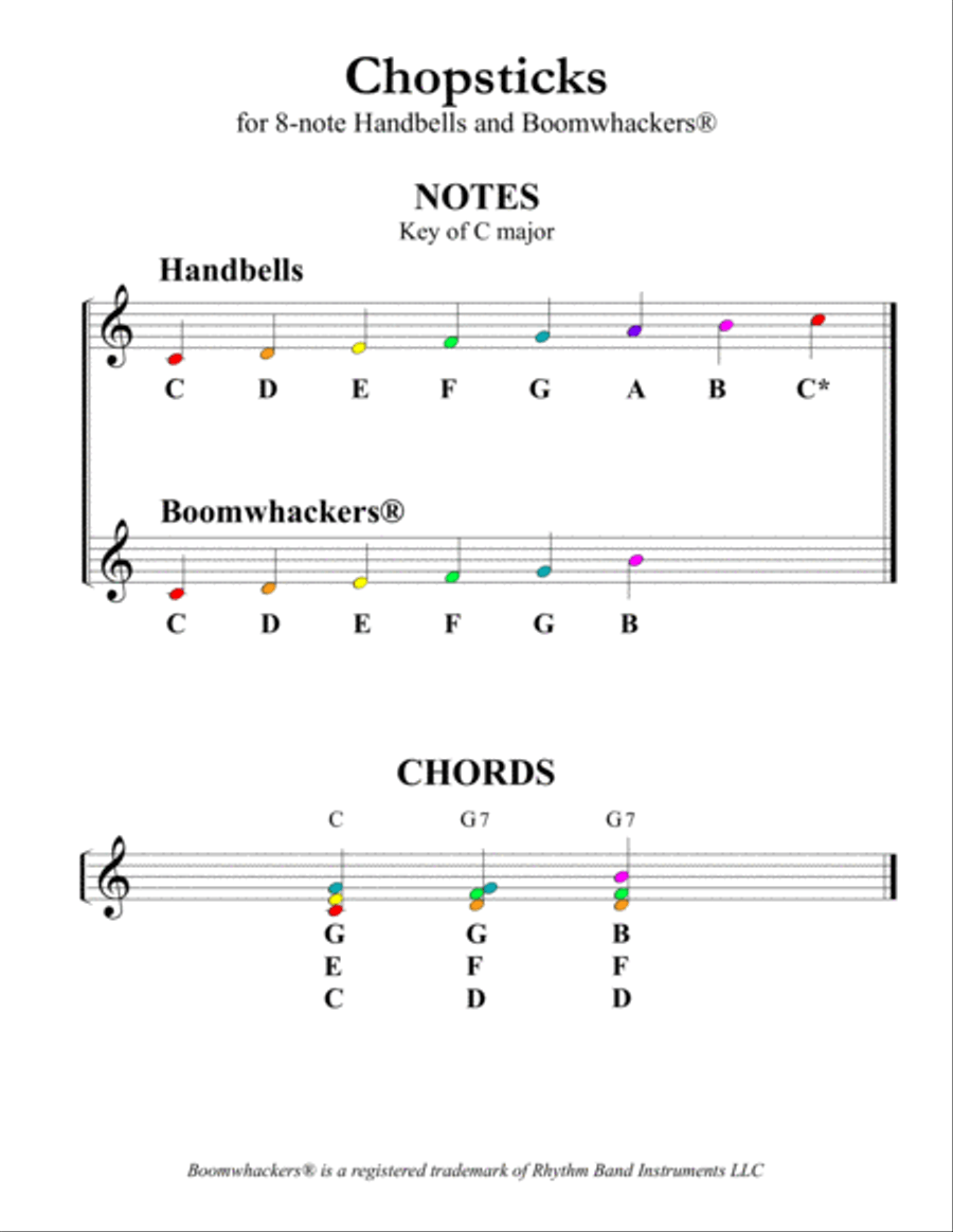 CHOPSTICKS: The Celebrated Chop Stick Waltz for 13-note Bells and Boomwhackers (Color Coded Notes) Handbell Choir scores gallery preview page 3