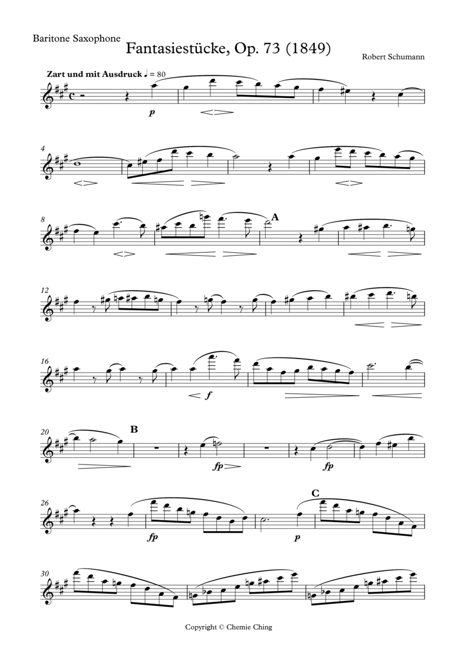 Robert Schumann - Fantasiestücke, Op. 73 arranged for Baritone Saxophone Baritone Saxophone scores gallery preview page 1