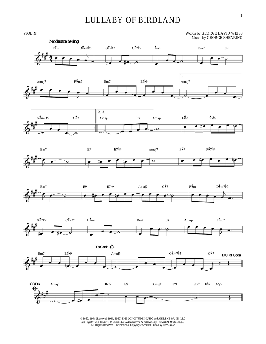 Lullaby Of Birdland Violin Solo scores gallery preview page 1