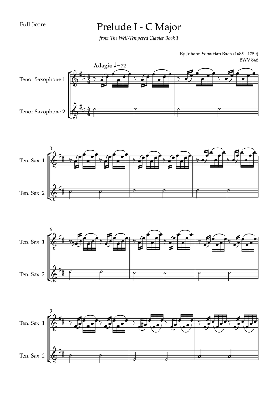 Prelude 1 in C Major BWV 846 (from Well-Tempered Clavier Book 1) for Tenor Saxophone Duo