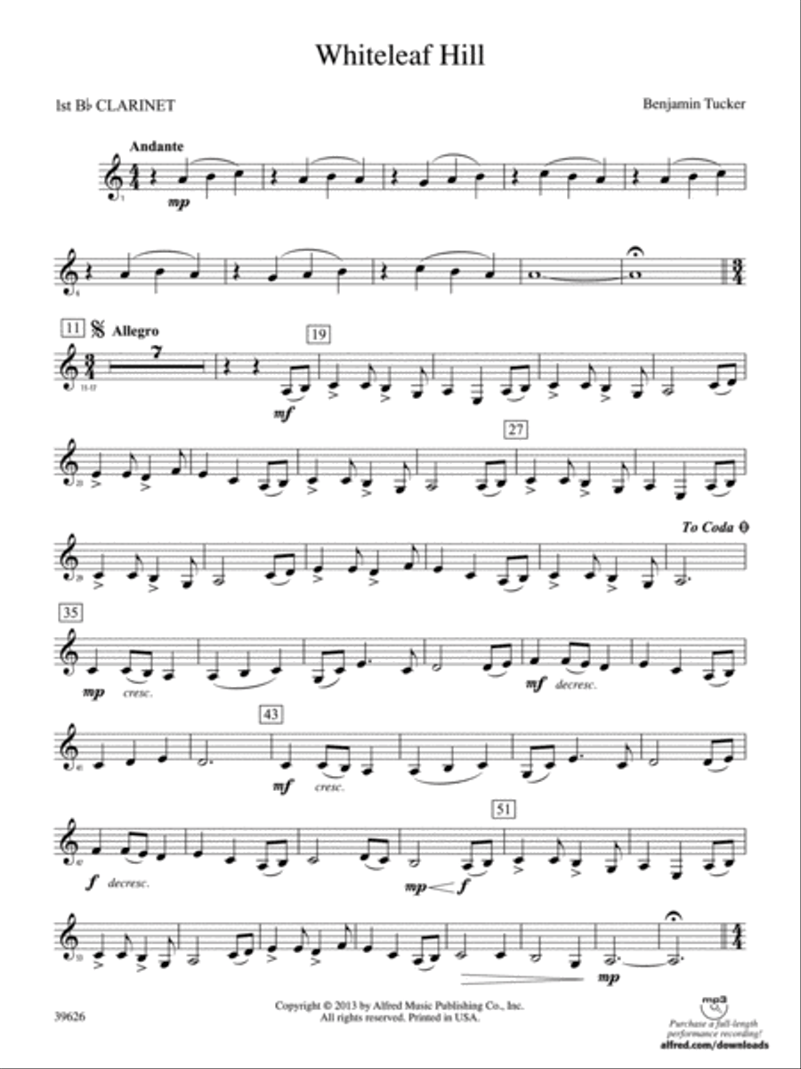 Whiteleaf Hill: 1st B-flat Clarinet Concert Band scores gallery preview page 1