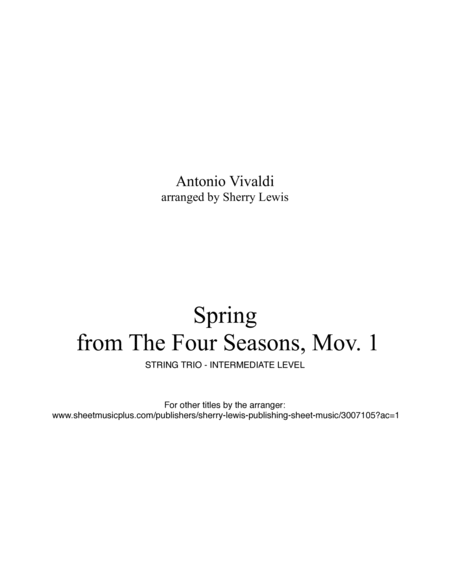 SPRING "La Primavera", First Mov., Intermediate Level for 2 violins and cello or violin, viola and c image number null