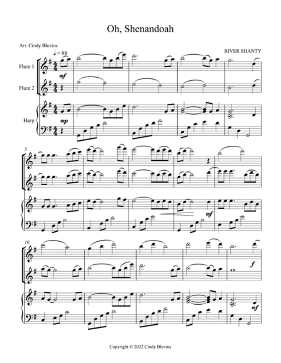 Oh, Shenandoah, Two Flutes and Harp Flute Duet scores gallery preview page 2