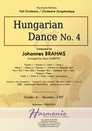 Book cover for Hungarian Dance No. 4 - J. BRAHMS - arranged for Full Orchestra by Marc Garetto