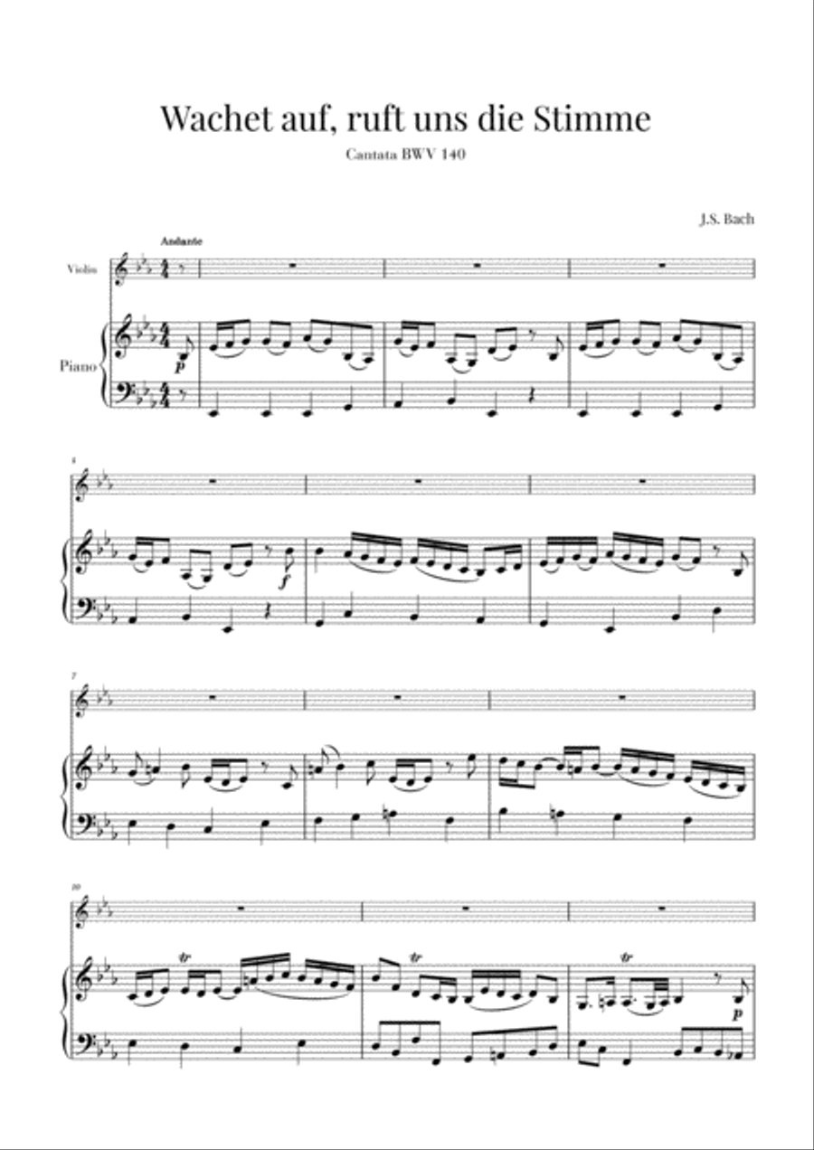 Bach - Wachet auf, ruft uns die Stimme BWV 140 (for Violin and Piano) Bach - Wachet auf, ruft uns die Stimme BWV 140 (for Violin and Piano) Small Ensemble scores gallery preview page 1