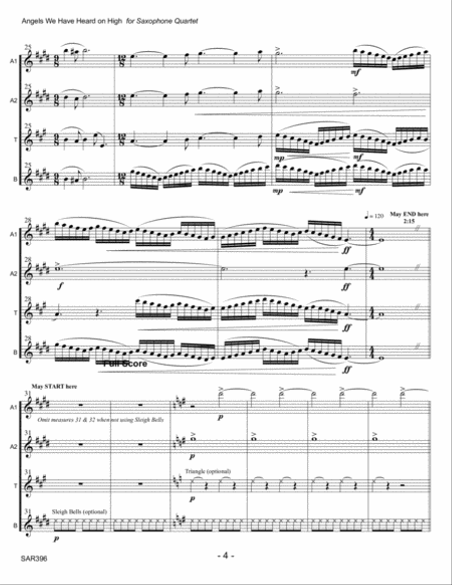 ANGELS WE HAVE HEARD ON HIGH - SATB or AATB SAXOPHONE QUARTET (unaccompanied) Saxophone Quartet scores gallery preview page 4