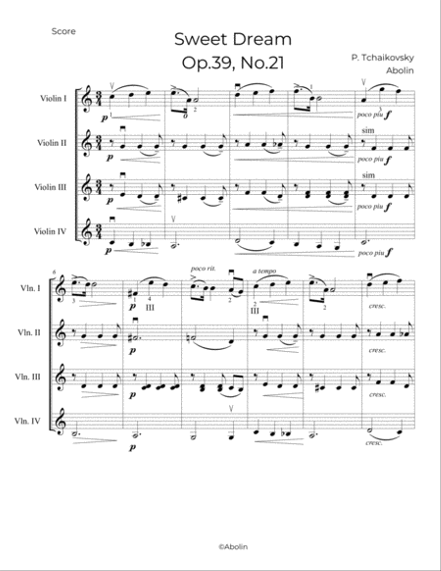 Tchaikovsky: Sweet Dream, Op.39, No.21 - Violin Quartet String Quartet scores gallery preview page 2