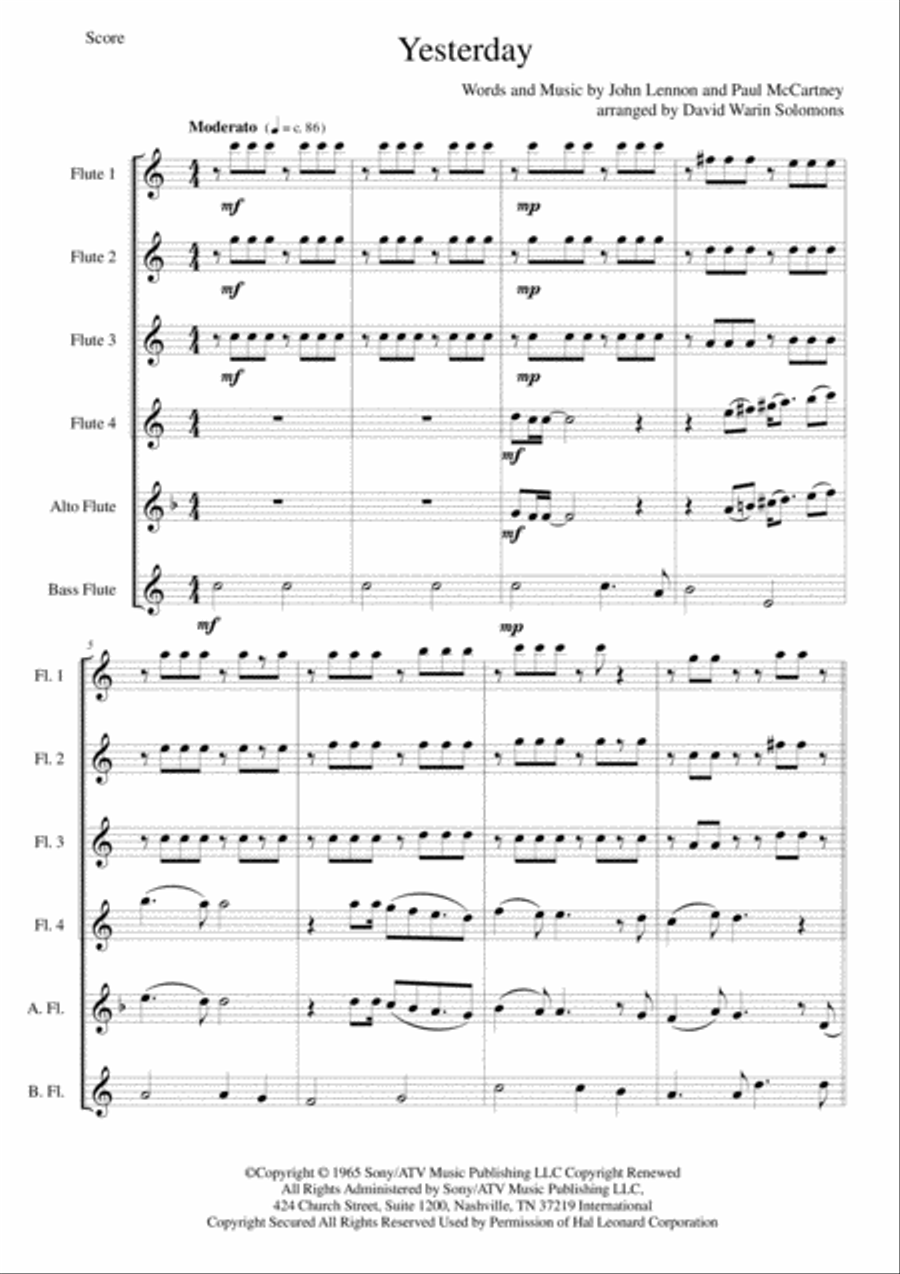 Yesterday Woodwind Ensemble scores gallery preview page 1