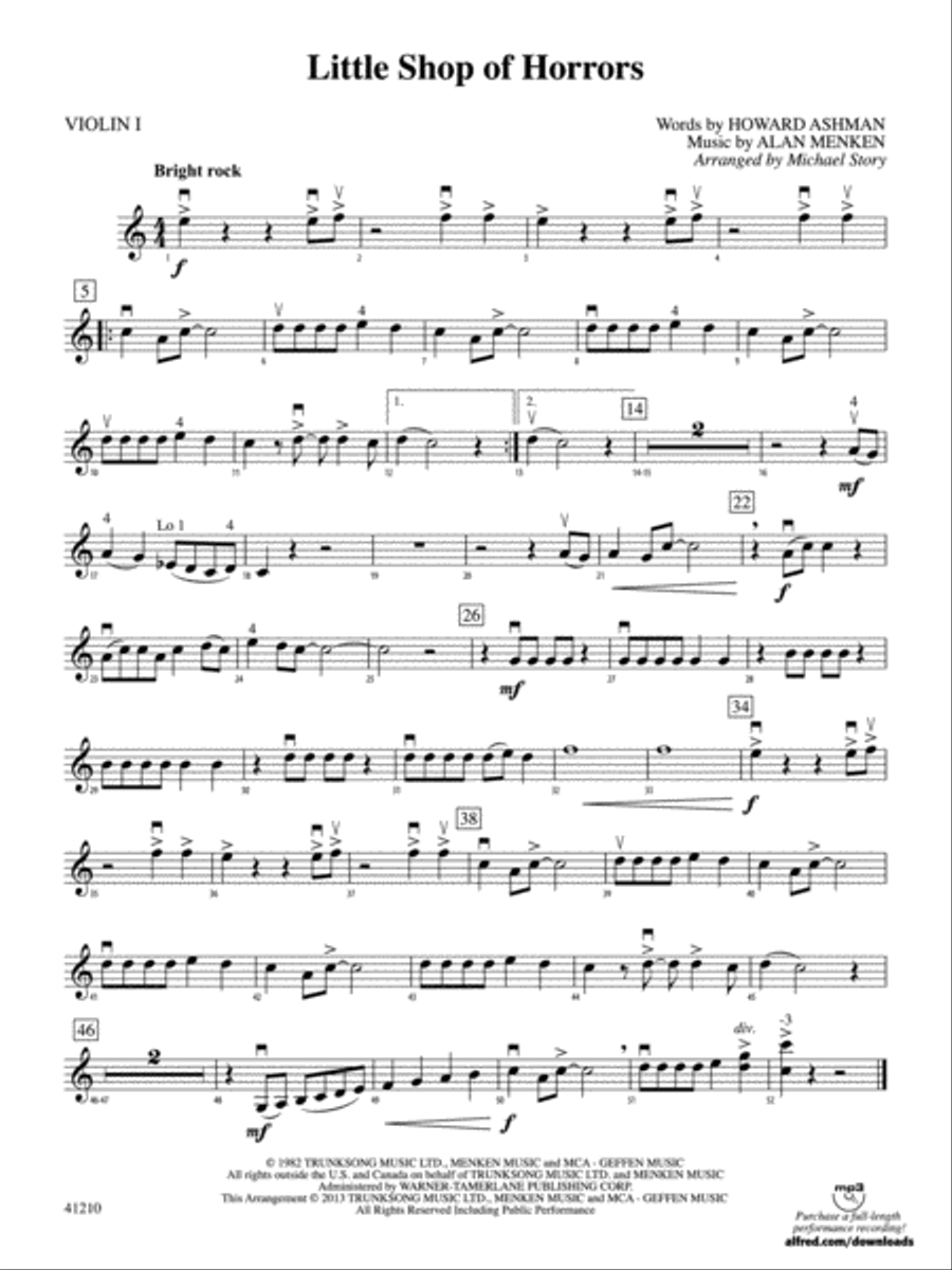 Little Shop of Horrors: 1st Violin String Orchestra scores gallery preview page 1