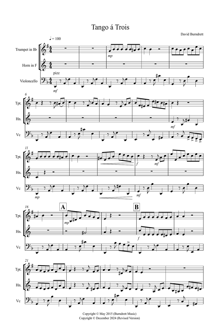 Tango a Trios for Trumpet, Horn and Cello Trio Small Ensemble scores gallery preview page 1