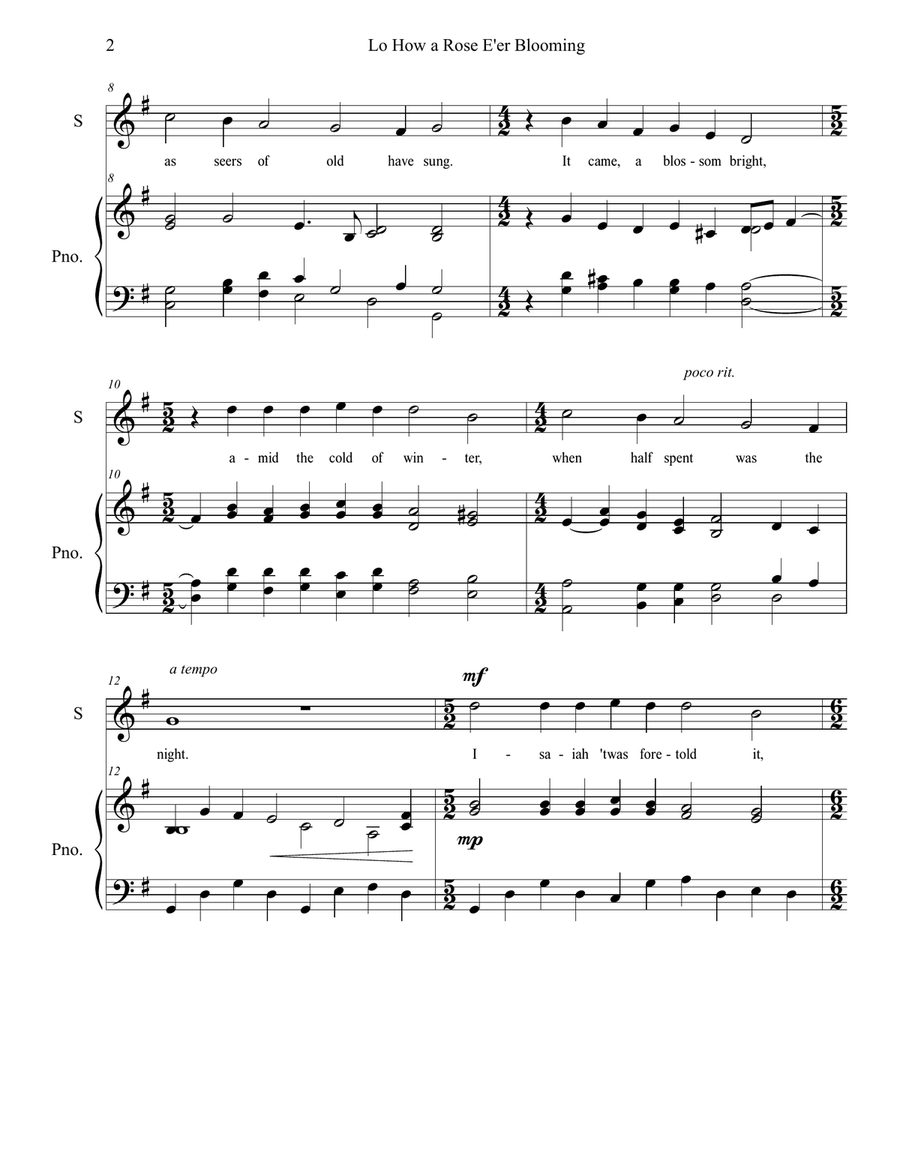 Lo, How A Rose E'er Blooming, G major Voice scores gallery preview page 2