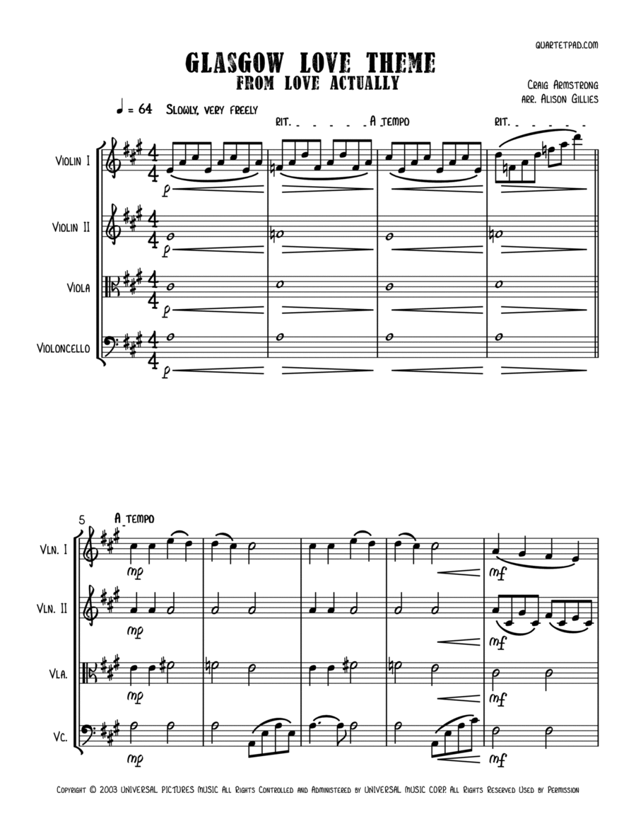 Glasgow Love Theme String Quartet scores gallery preview page 1
