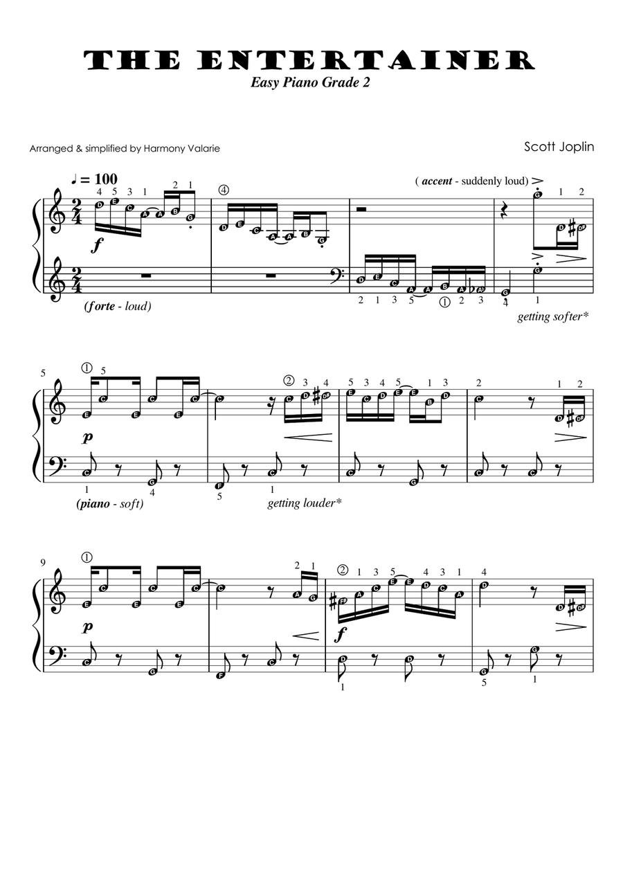 The Entertainer Scott Joplin Easy Piano Grade 2 Level with note