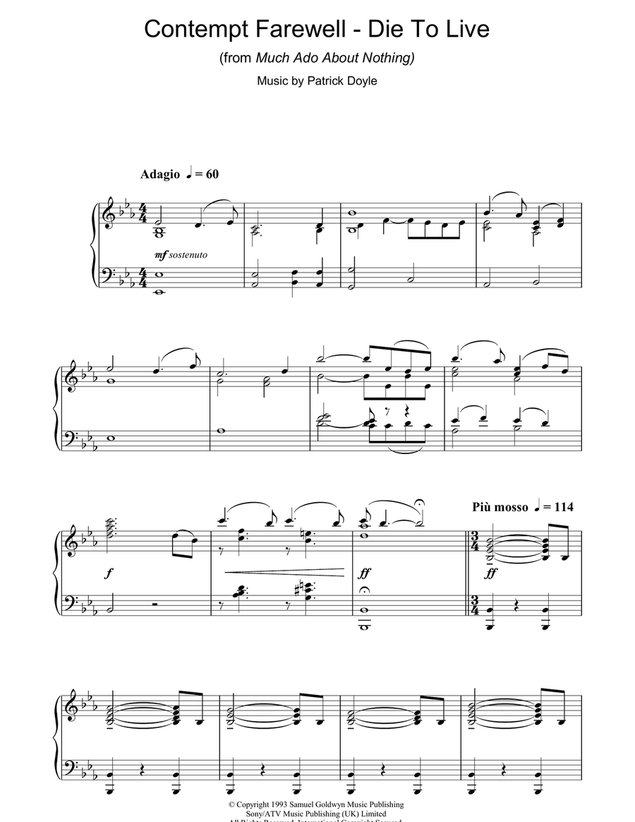 Contempt Farewell - Die To Live (from Much Ado About Nothing) Piano Solo scores gallery preview page 1