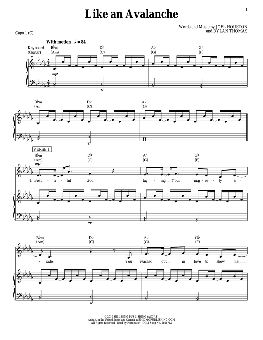 Like An Avalanche Piano, Vocal, Guitar scores gallery preview page 1