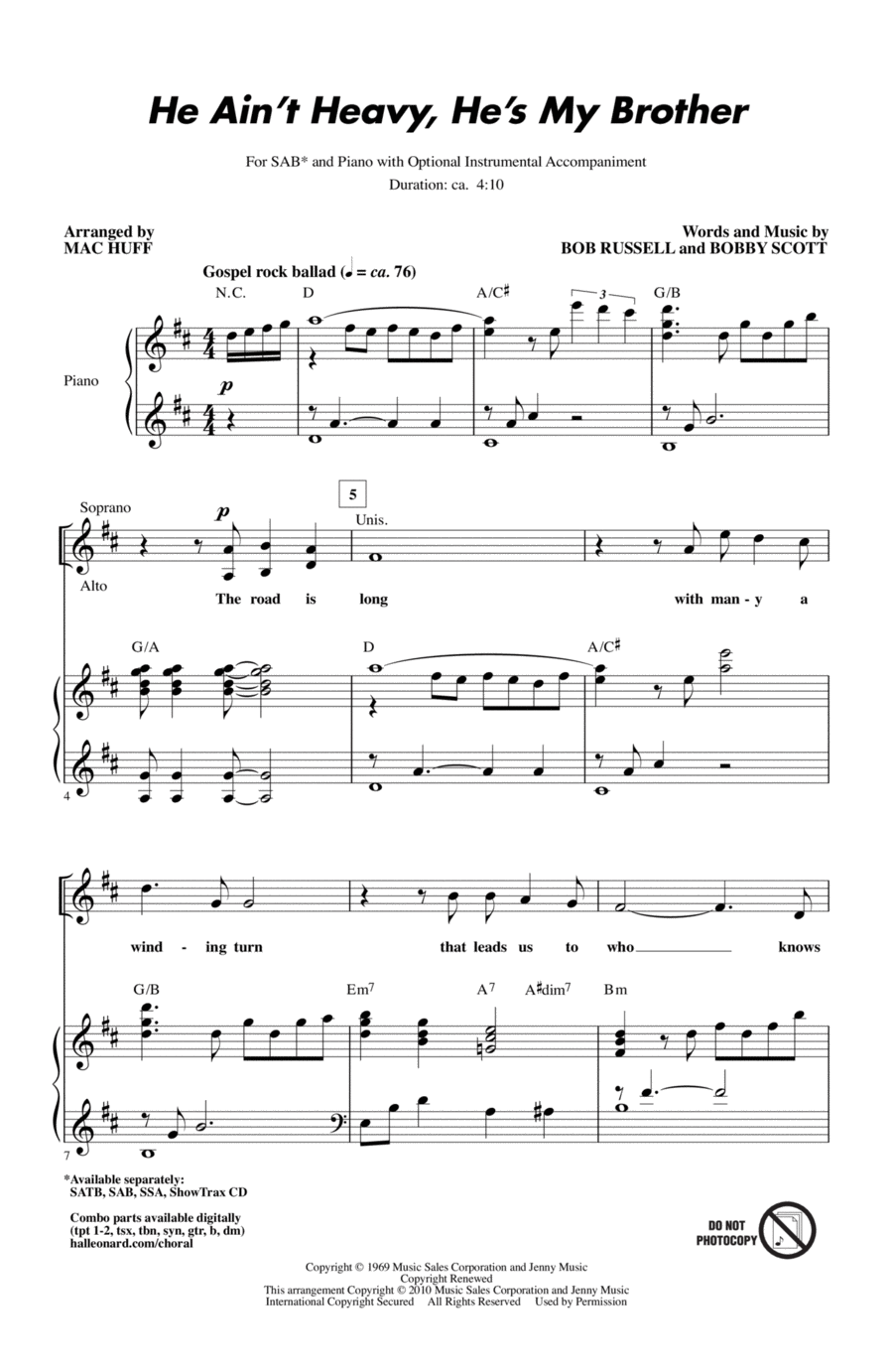 He Ain't Heavy, He's My Brother 3-Part scores gallery preview page 1