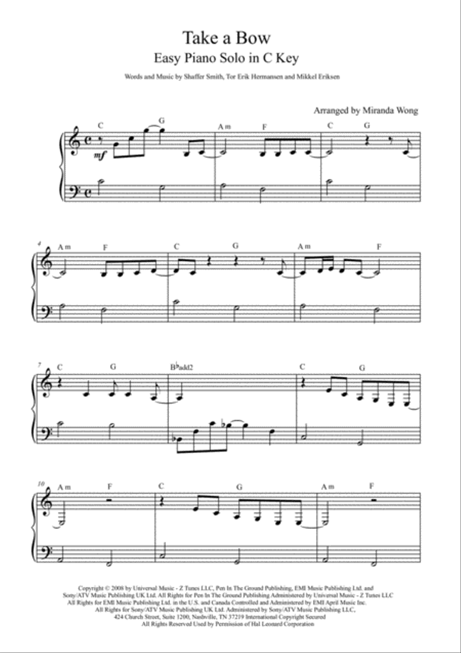 Take A Bow Easy Piano scores gallery preview page 1