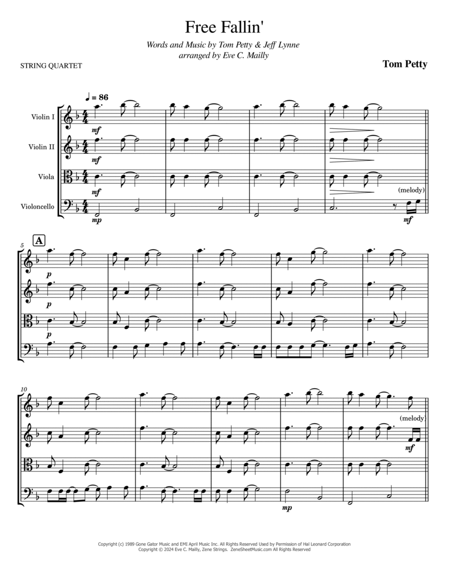 Free Fallin' String Quartet scores gallery preview page 1