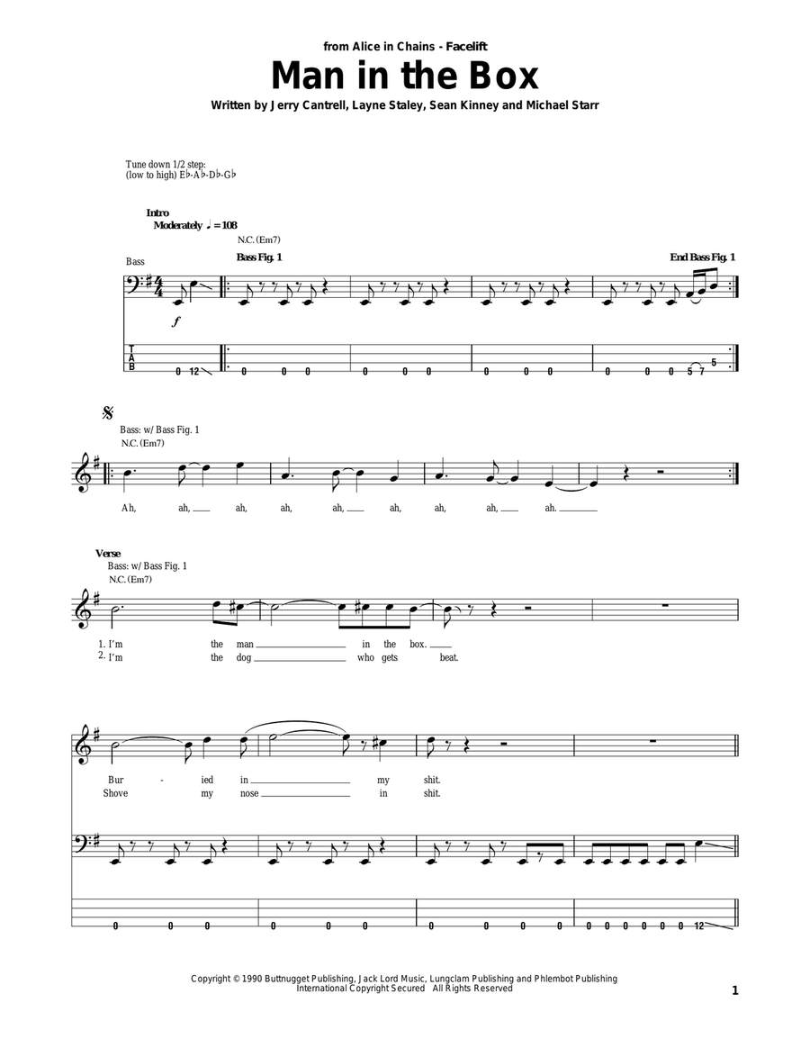 Man In The Box Bass Guitar Tablature scores gallery preview page 1
