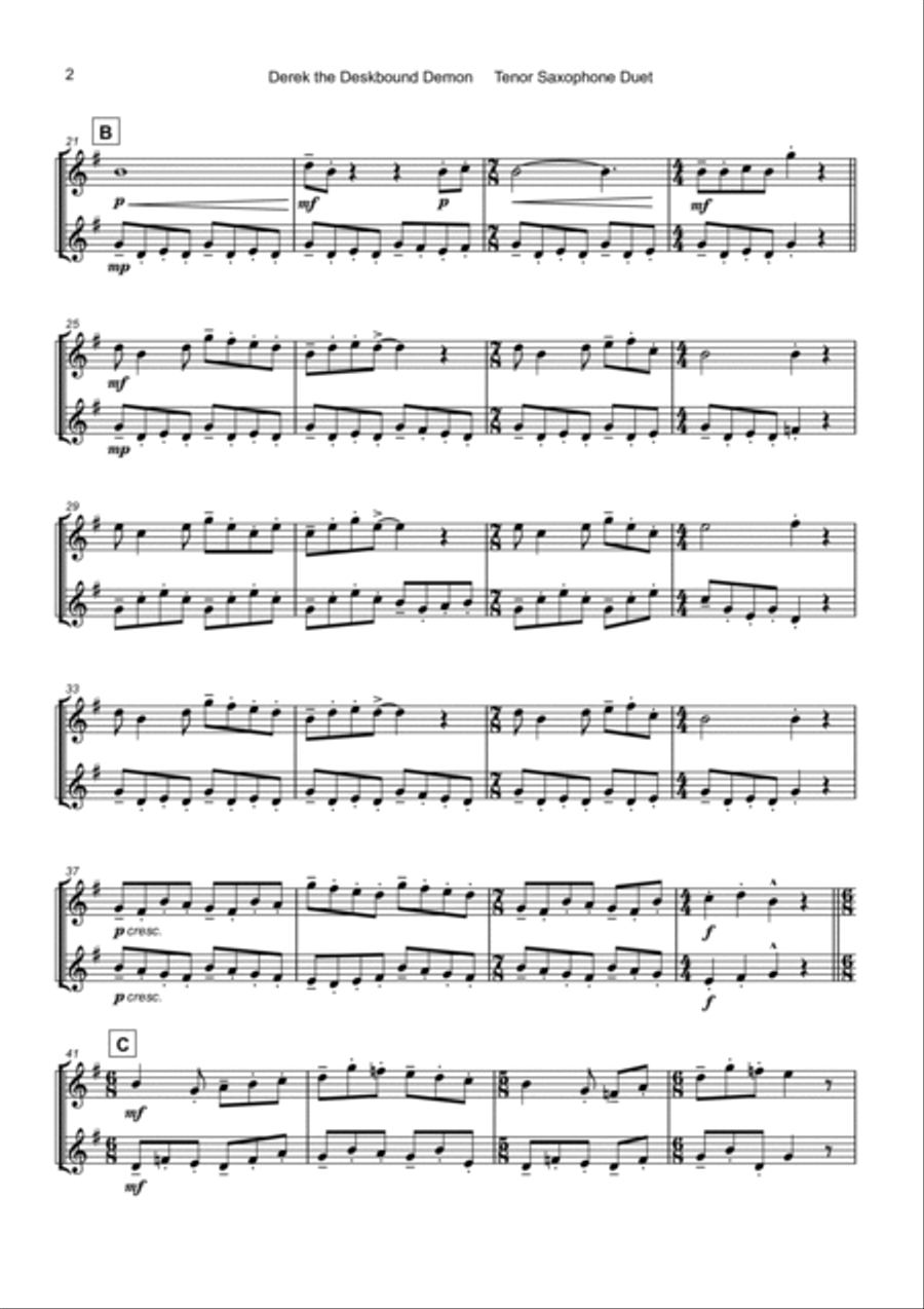 Derek the Deskbound Demon, Halloween Duet for Tenor Saxophone Woodwind Duet scores gallery preview page 3