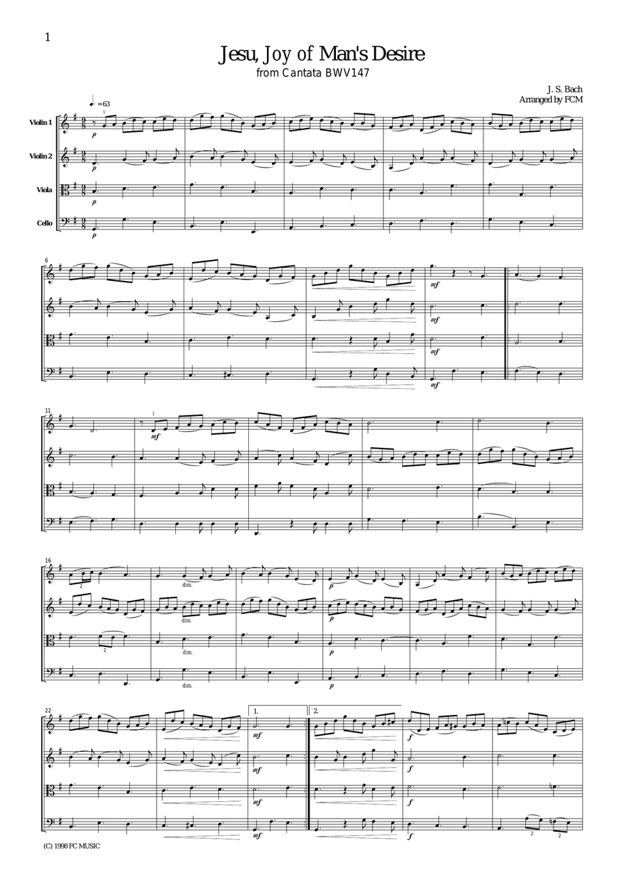 J.S.Bach Jesu, Joy of Man's Desire from Cantata BWV147, for string quartet, CB203 String Quartet scores gallery preview page 1