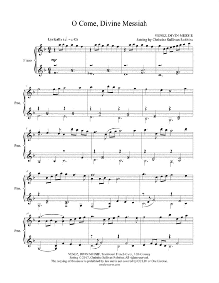 O Come, Divine Messiah O Come, Divine Messiah Piano Solo scores gallery preview page 1