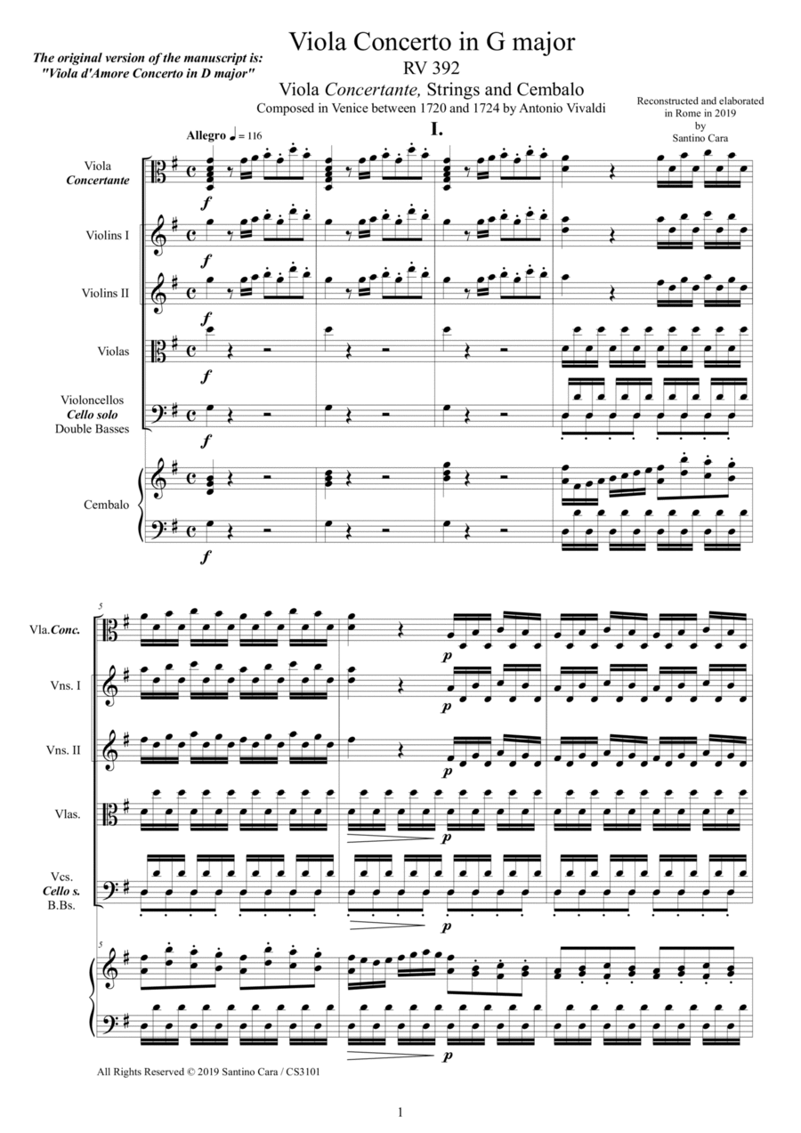 Vivaldi - Viola Concerto in G major RV392 for Viola concertante, Strings and Cembalo Chamber Orchestra scores gallery preview page 1