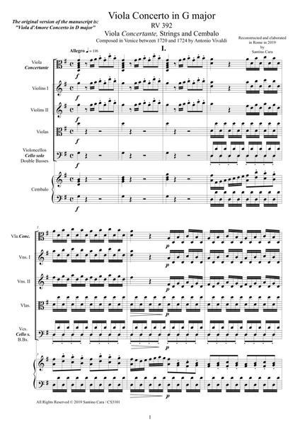 Vivaldi - Viola Concerto in G major RV392 for Viola concertante, Strings and Cembalo image number null