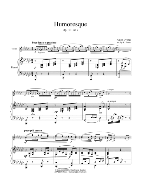 Humoresque, Op. 101, No. 7 for violin and piano (Gb Major) image number null