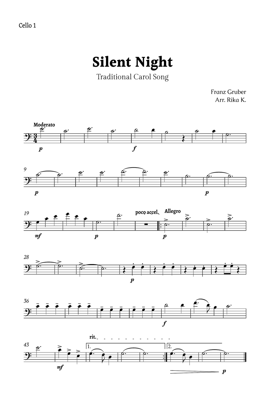 Silent Night for Cello Quartet String Quartet scores gallery preview page 3