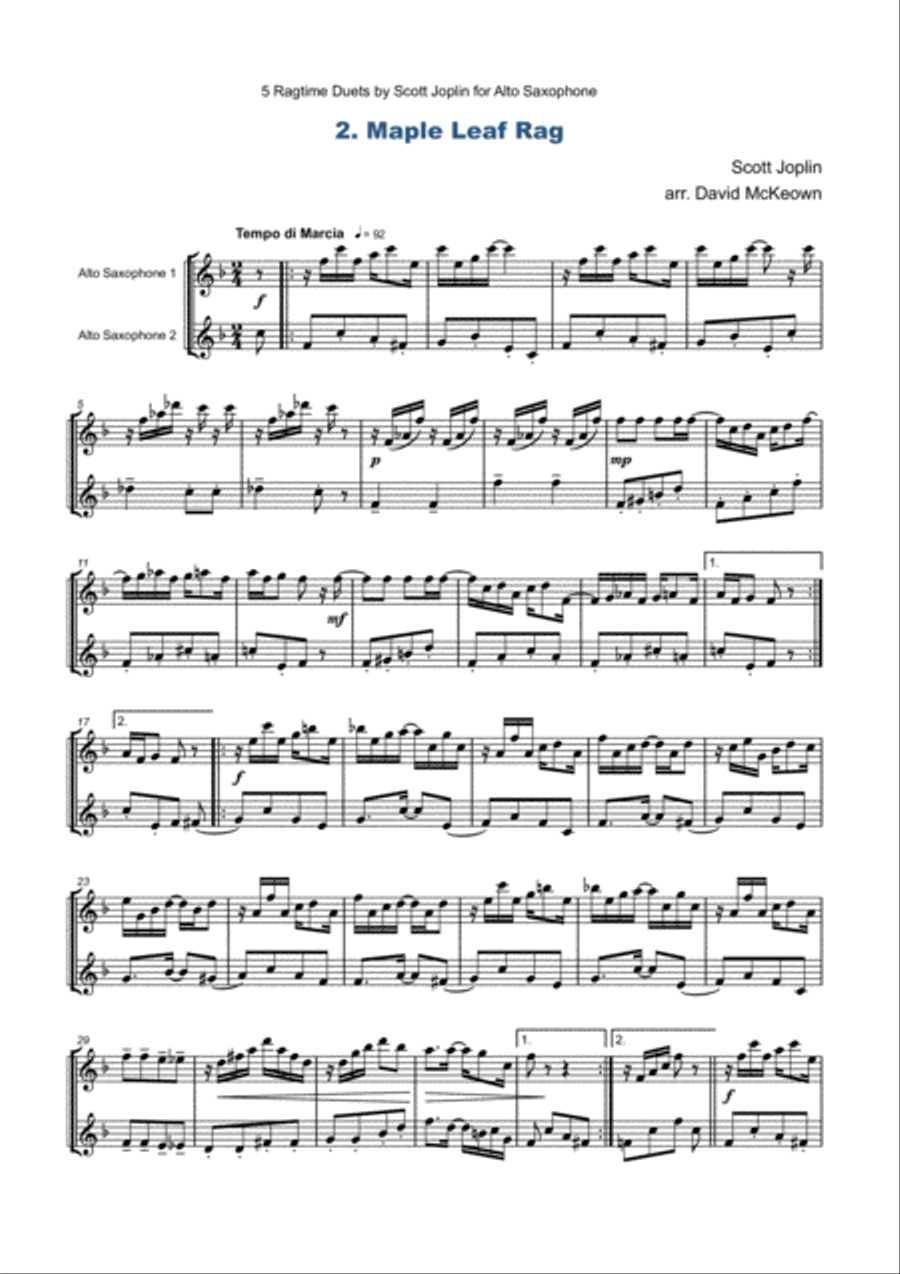 Five Ragtime Duets by Scott Joplin for Alto Saxophone Woodwind Duet scores gallery preview page 5