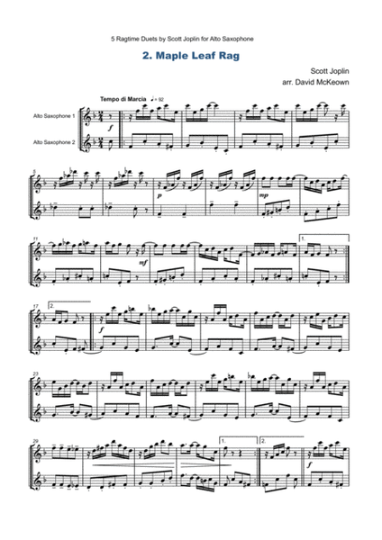 Five Ragtime Duets by Scott Joplin for Alto Saxophone