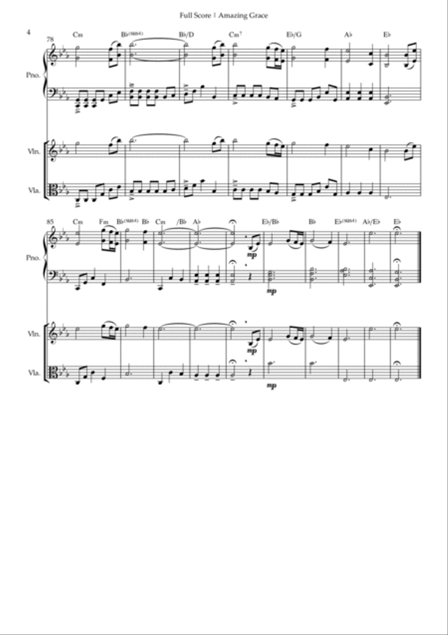 Amazing Grace (John Newton, E. O. Excell) for Violin & Viola Duo and Piano Accompaniment with Chords Piano Trio scores gallery preview page 4