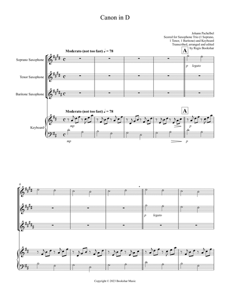 Canon in D (Pachelbel) (D) (Saxophone Trio - 1 Sop, 1 Tenor, 1 Bari), Keyboard)