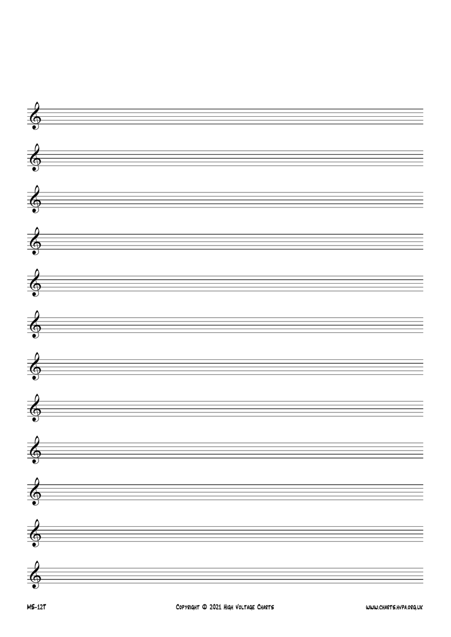 Manuscript Paper - 12 Staves Treble Clefs