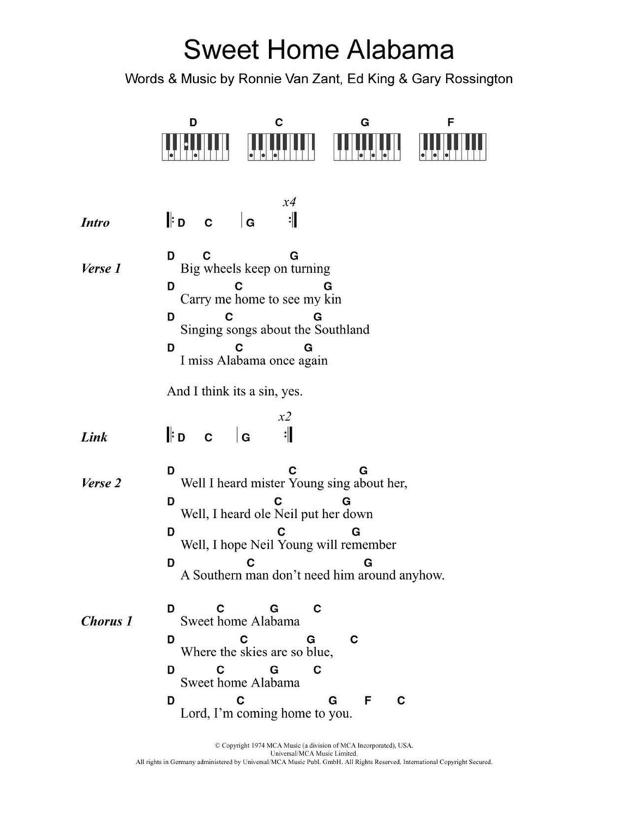 Sweet Home Alabama Piano scores gallery preview page 1