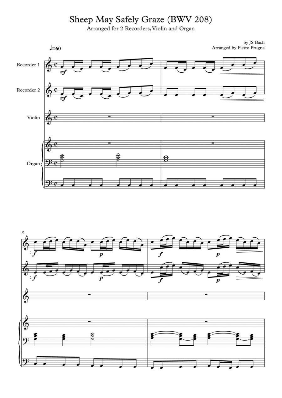 Sheep May Safely Graze (BWV 208) by JS Bach - arranged for 2 Recorders, Violin and Organ Small Ensemble scores gallery preview page 1