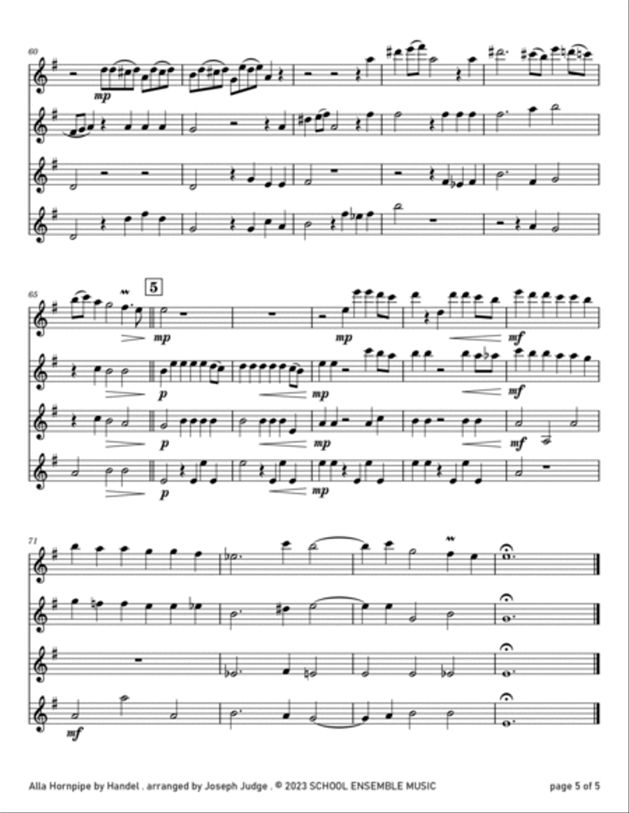 Alla Hornpipe by Handel for Clarinet Quartet in Schools Clarinet Quartet scores gallery preview page 5