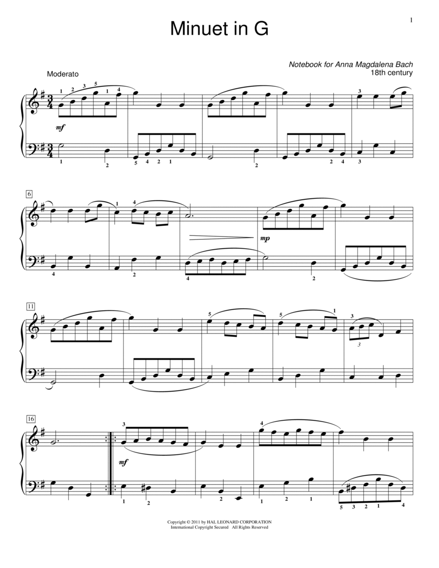 Menuet In G Major, BWV App. 116 Piano Method scores gallery preview page 1
