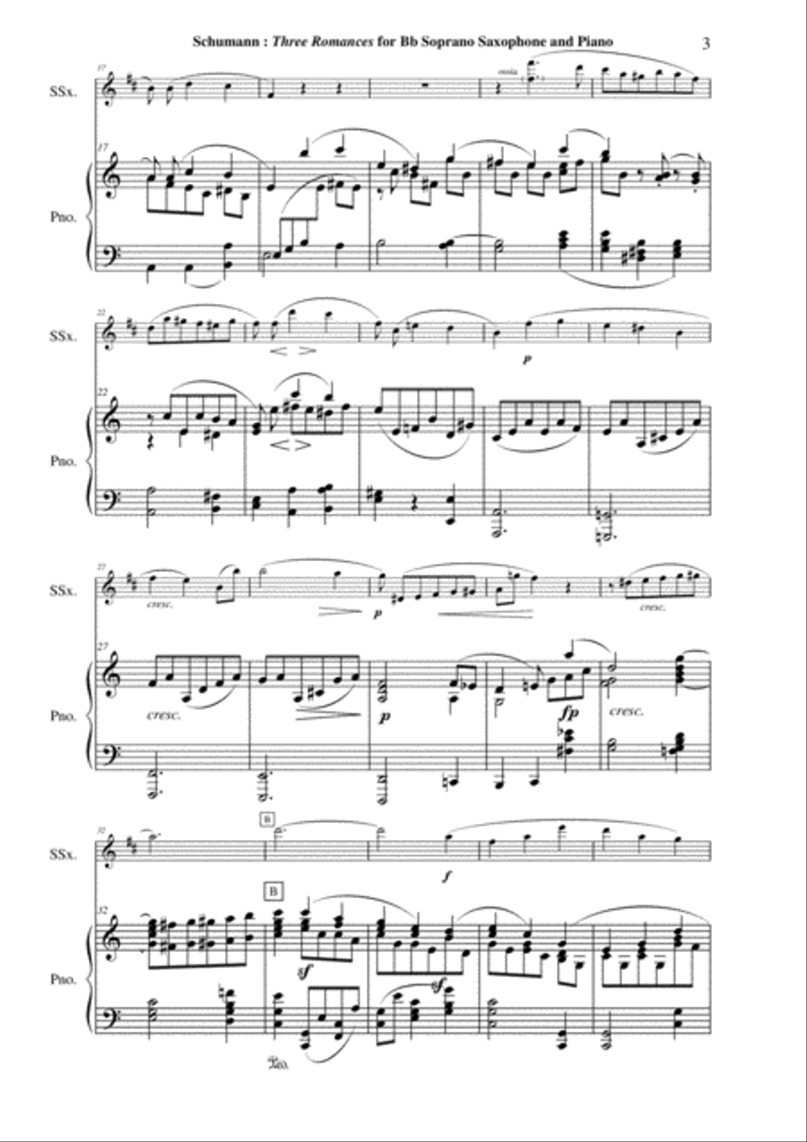 Robert Schumann: Three Romances (Drei Romanzen), Opus 94, arranged for Bb soprano saxophone and pia Soprano Saxophone scores gallery preview page 3