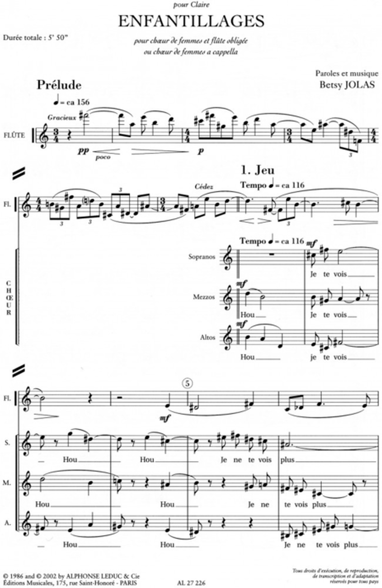 Enfantillages - Choeur de Femmes et Flute ou Choeur Sma a Cappella