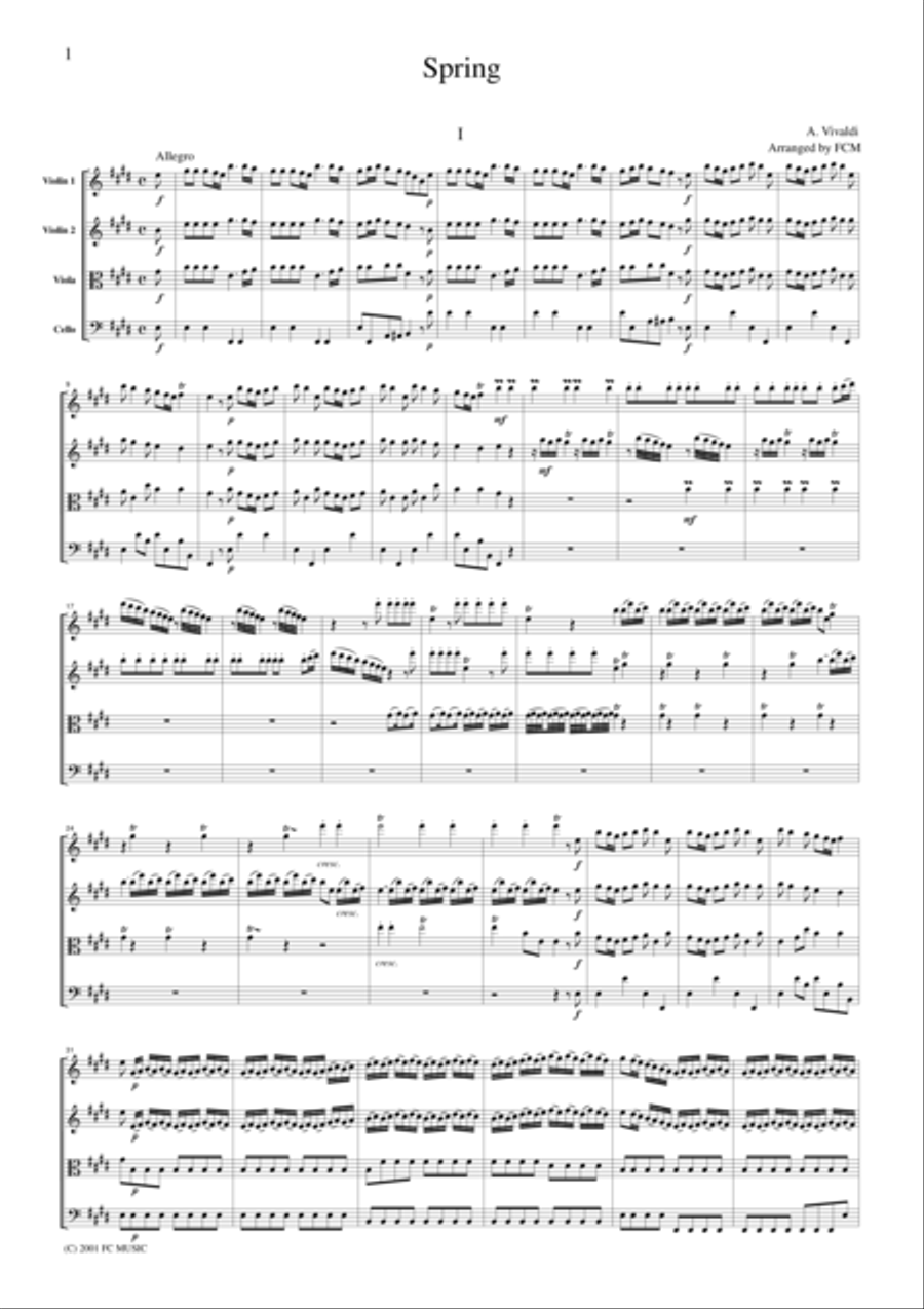 Vivaldi Spring from the Four Seasons, all mvts., for string quartet, CV101 String Quartet scores gallery preview page 1