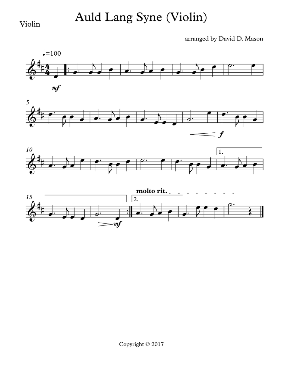 Auld Lang Syne Violin Solo scores gallery preview page 2