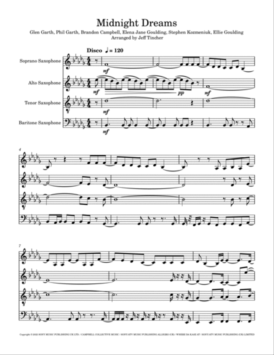 Midnight Dreams Saxophone Quartet scores gallery preview page 2