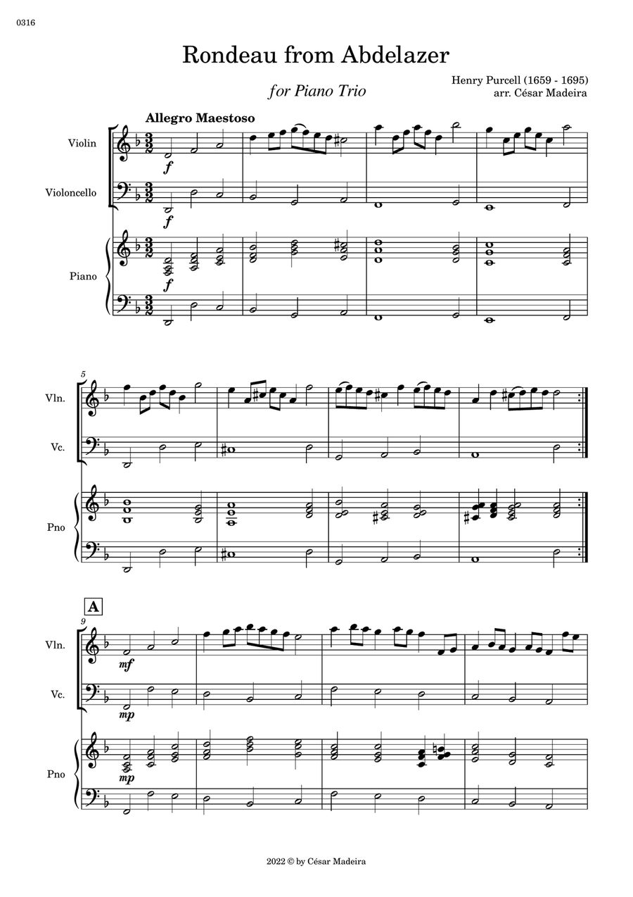 Rondeau from Abdelazer - Violin, Cello and Piano (Full Score and Parts) Piano Trio scores gallery preview page 2