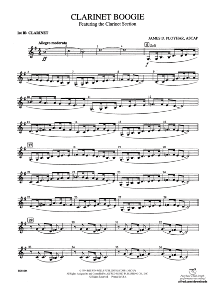 Clarinet Boogie: 1st B-flat Clarinet Concert Band scores gallery preview page 1
